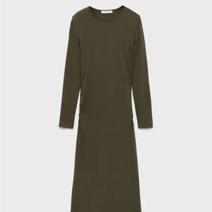 Mango Olive Green Long Sleeve Midi Dress